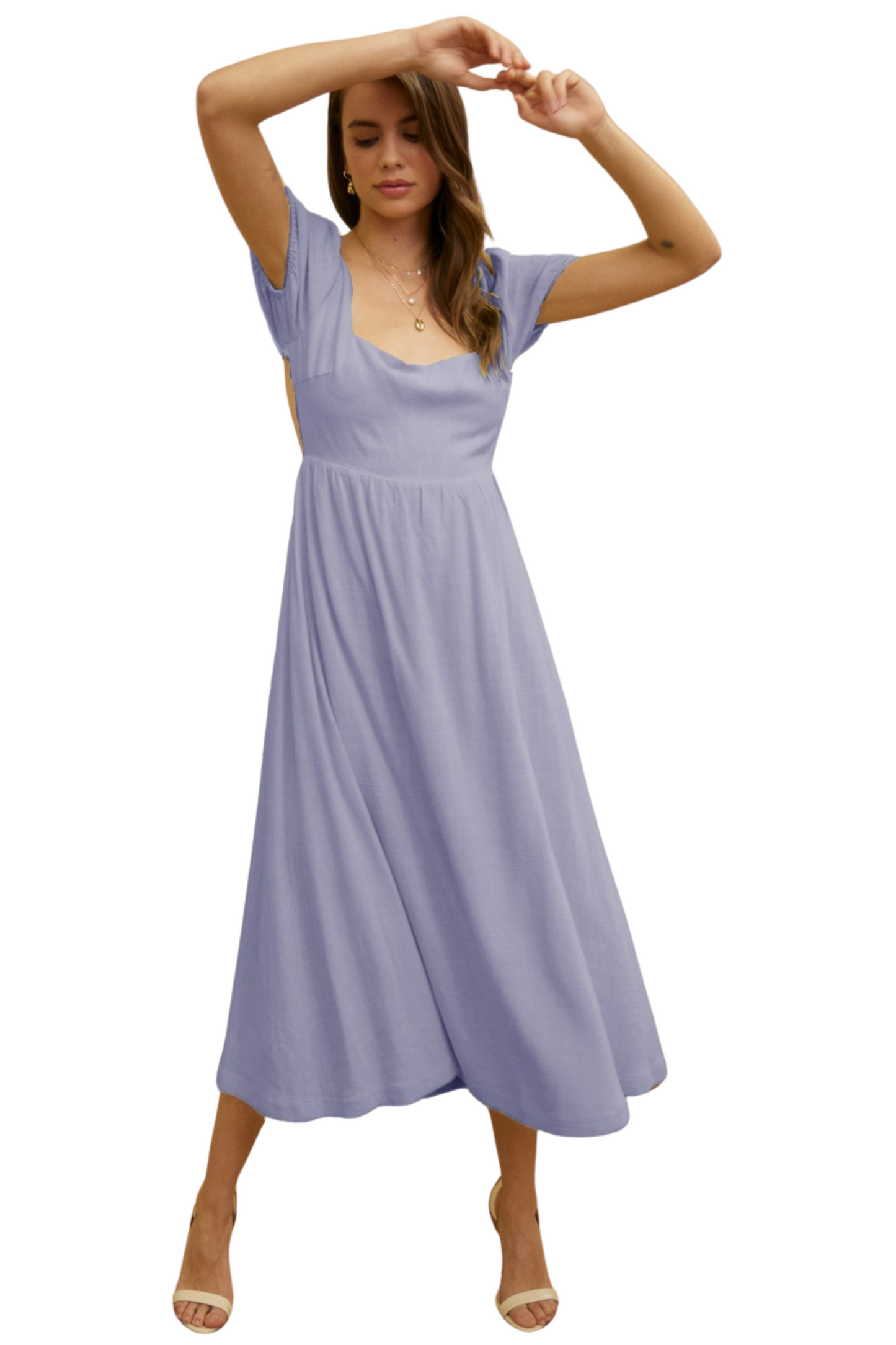 Élina – Robe Midi en Lin Lavande à Dos Ouvert Manches Courtes avec 2 Cordons Horizontaux pour l’Été et le Printemps