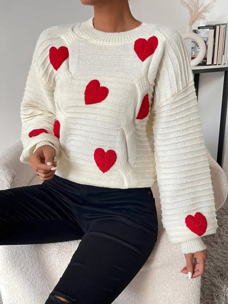 Clémence - Pull Tricoté avec Cœurs pour Femme | Pull Douillet | Pull Doux avec Cœurs Blanc