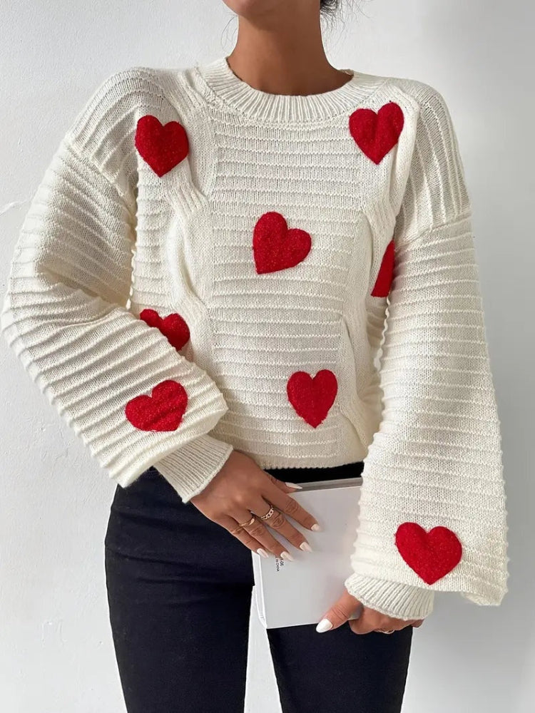 Clémence - Pull Tricoté avec Cœurs pour Femme | Pull Douillet | Pull Doux avec Cœurs Blanc