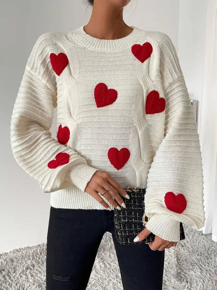 Clémence - Pull Tricoté avec Cœurs pour Femme | Pull Douillet | Pull Doux avec Cœurs Blanc