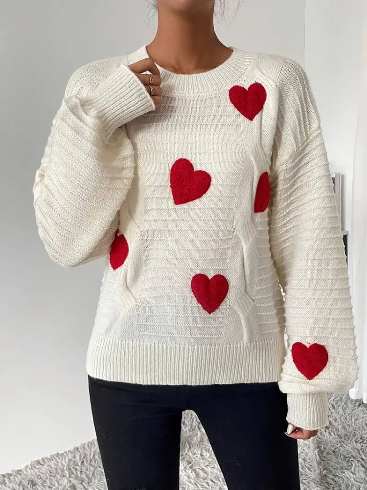 Clémence - Pull Tricoté avec Cœurs pour Femme | Pull Douillet | Pull Doux avec Cœurs Blanc