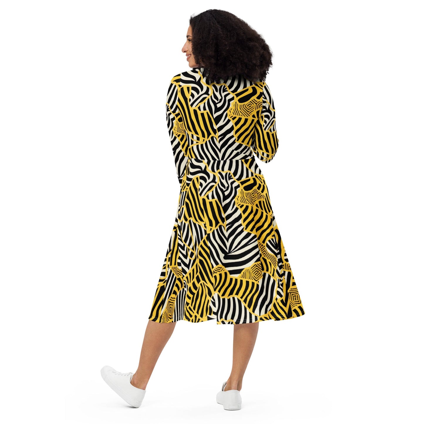 Everly - Robe Midi à Manches Longues Zebralicious avec Col Montant Imprimé Safari Noir Blanc et Jaune