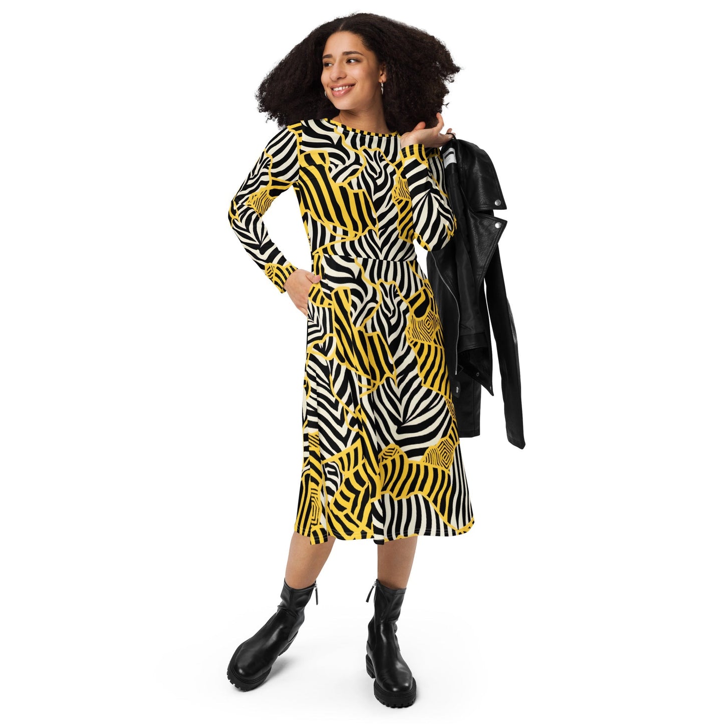 Everly - Robe Midi à Manches Longues Zebralicious avec Col Montant Imprimé Safari Noir Blanc et Jaune