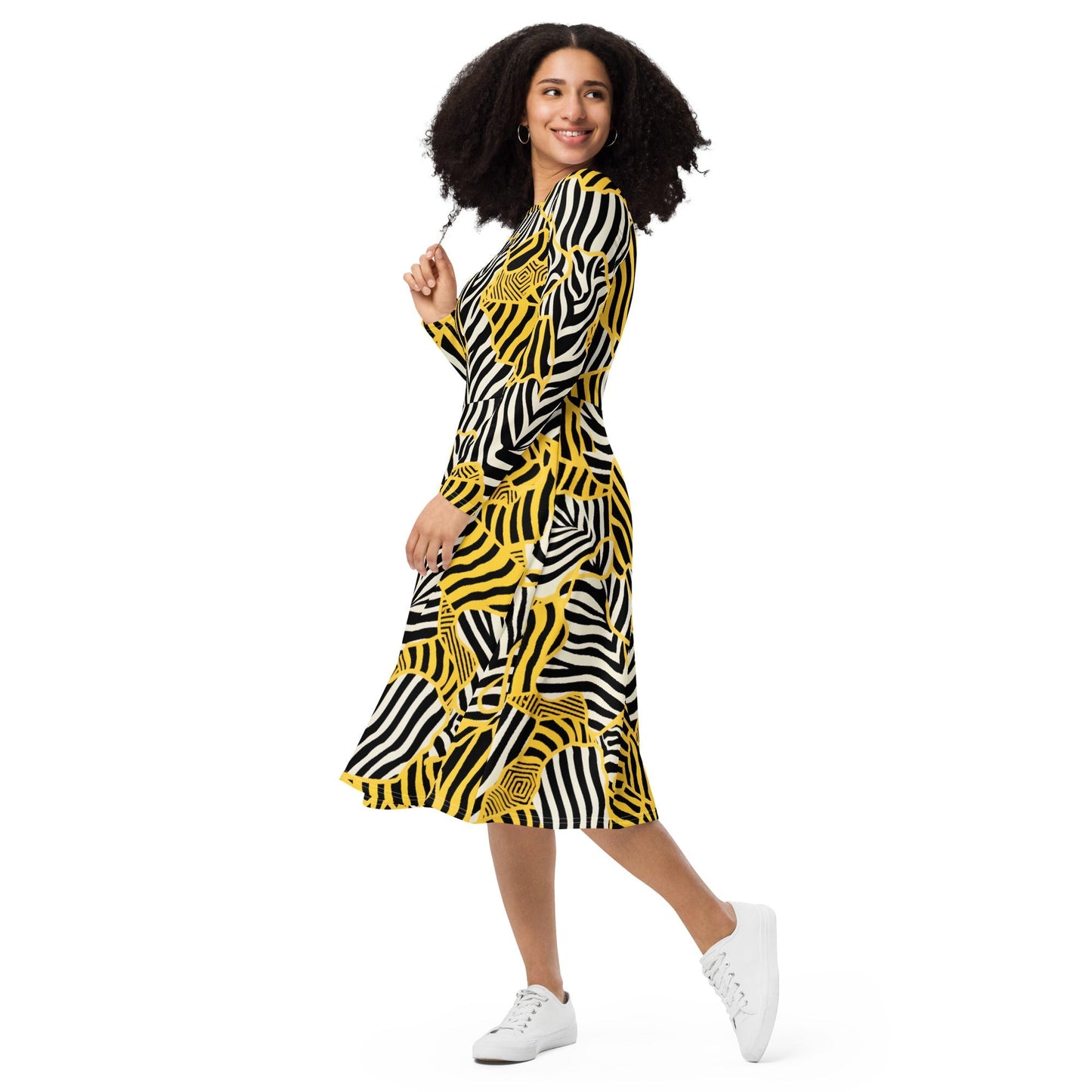 Everly - Robe Midi à Manches Longues Zebralicious avec Col Montant Imprimé Safari Noir Blanc et Jaune