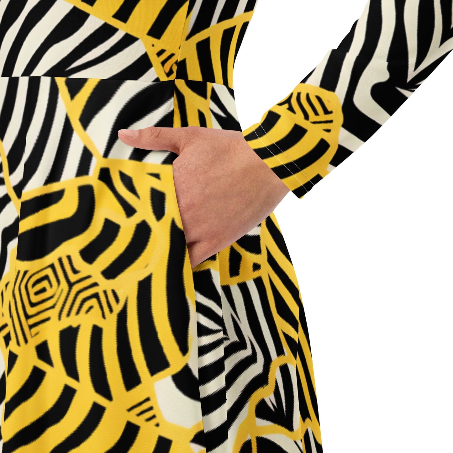 Everly - Robe Midi à Manches Longues Zebralicious avec Col Montant Imprimé Safari Noir Blanc et Jaune