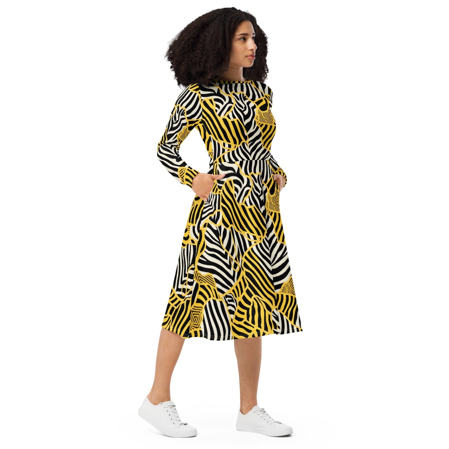 Everly - Robe Midi à Manches Longues Zebralicious avec Col Montant Imprimé Safari Noir Blanc et Jaune