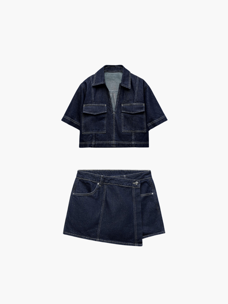Adèle - Ensemble Estival en Denim Top Court à Manches Courtes et Mini Jupe