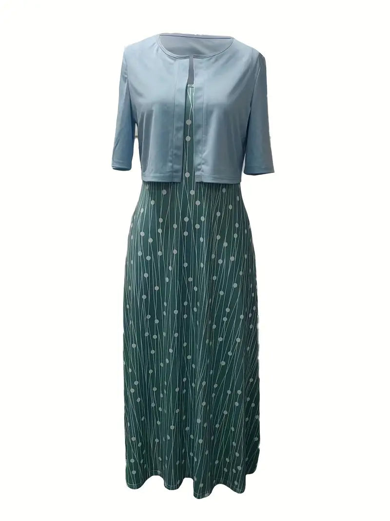 Camélia – Ensemble Deux Pièces Élégant Gilet Uni et Robe à Fleurs avec Encolure Ronde