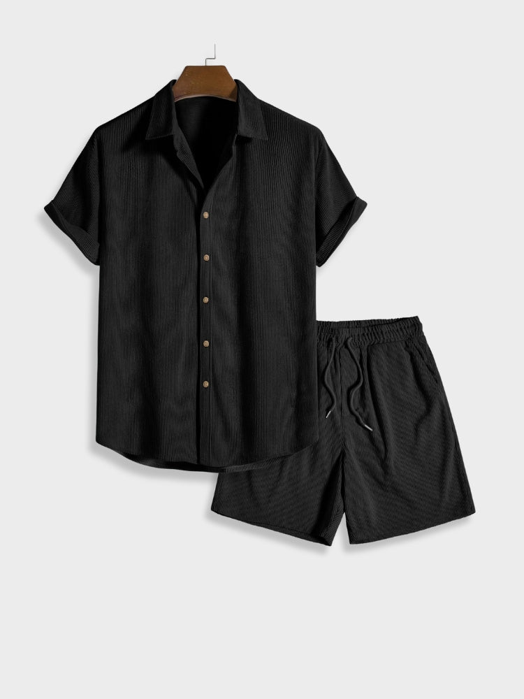 Henry - Ensemble d'Été en Lin pour les Vacances Chemise à Manches Courtes à Boutons et Short Élastique pour Homme