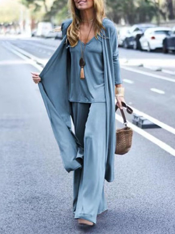 Amelia - Ensemble Estival Trois Pièces en Couleur Unie avec Débardeur à Col en V Long Gilet et Pantalon Large