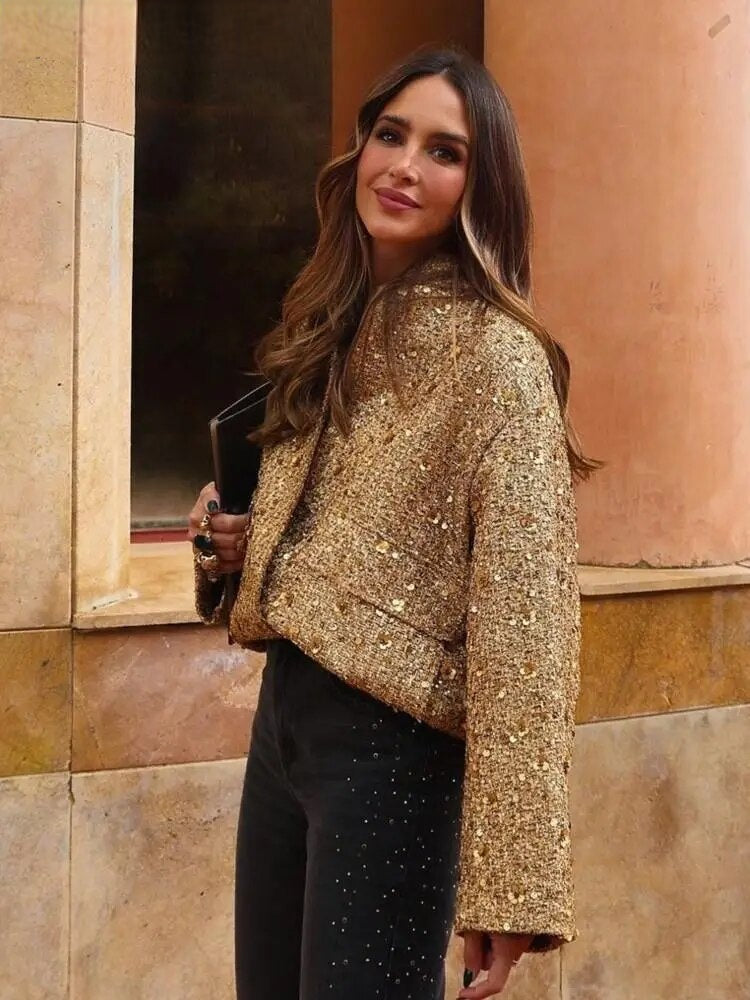 Valerie - Manteau Chic en Paillettes d'or Pour un Glamour Sans Faille