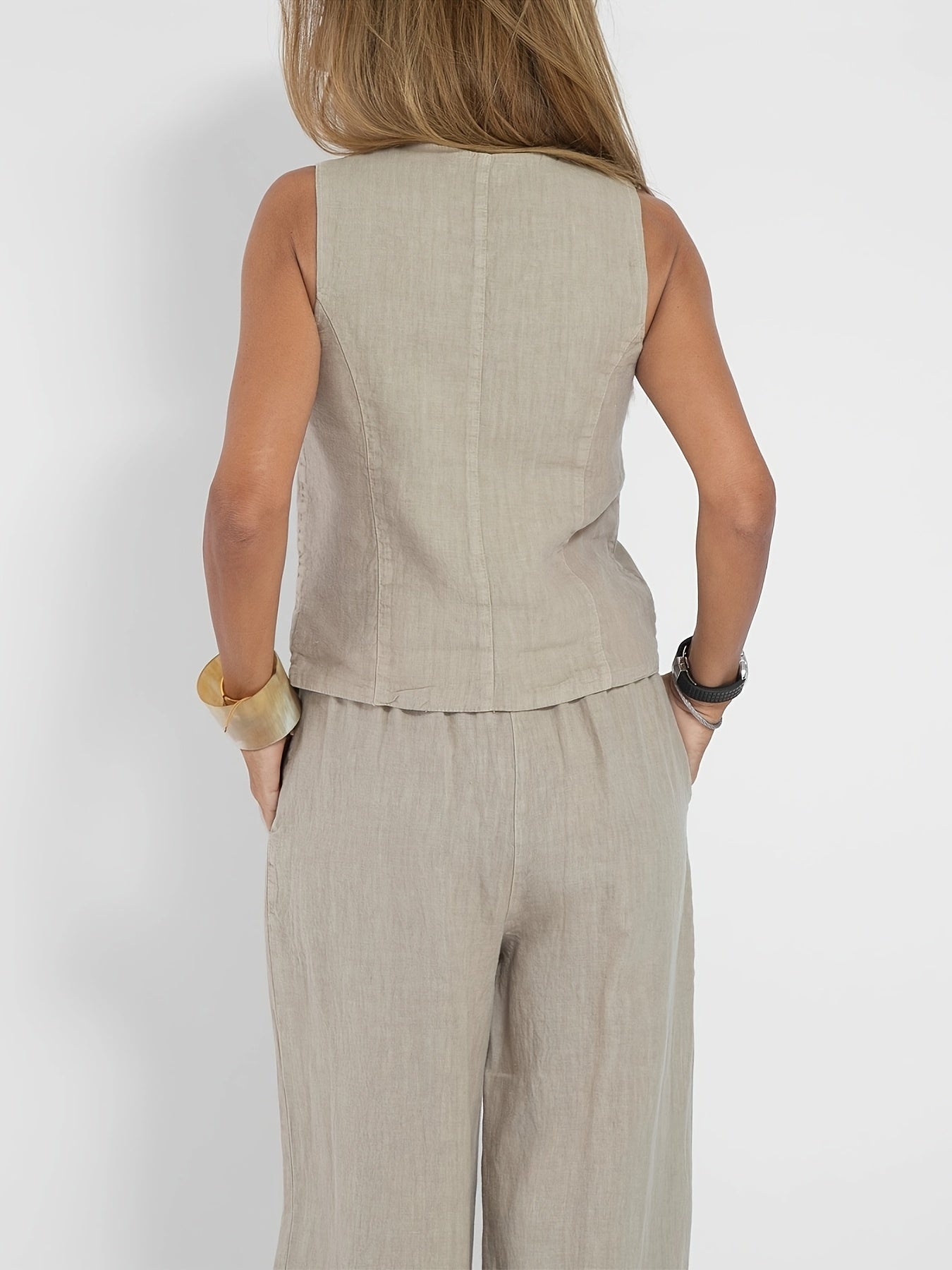 Bérénice - Ensemble deux pièces pour femme composé d'une veste et d'un pantalon large, 100 % lin, beige