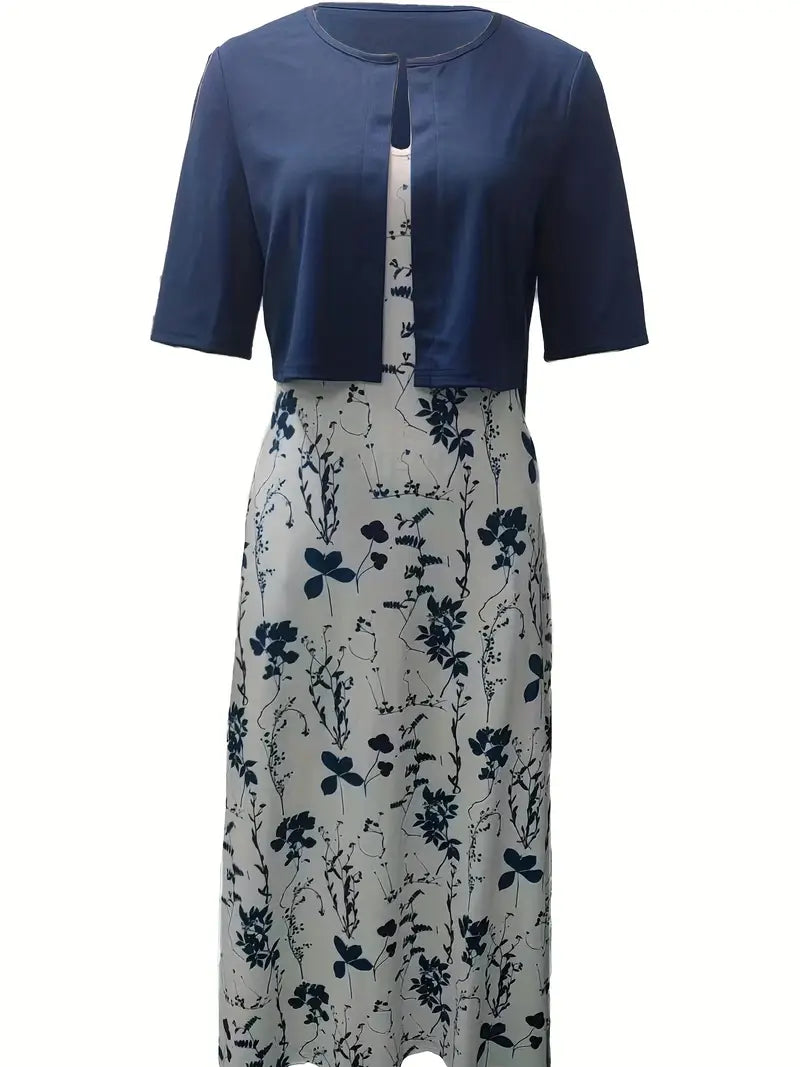 Camélia – Ensemble Deux Pièces Élégant Gilet Uni et Robe à Fleurs avec Encolure Ronde