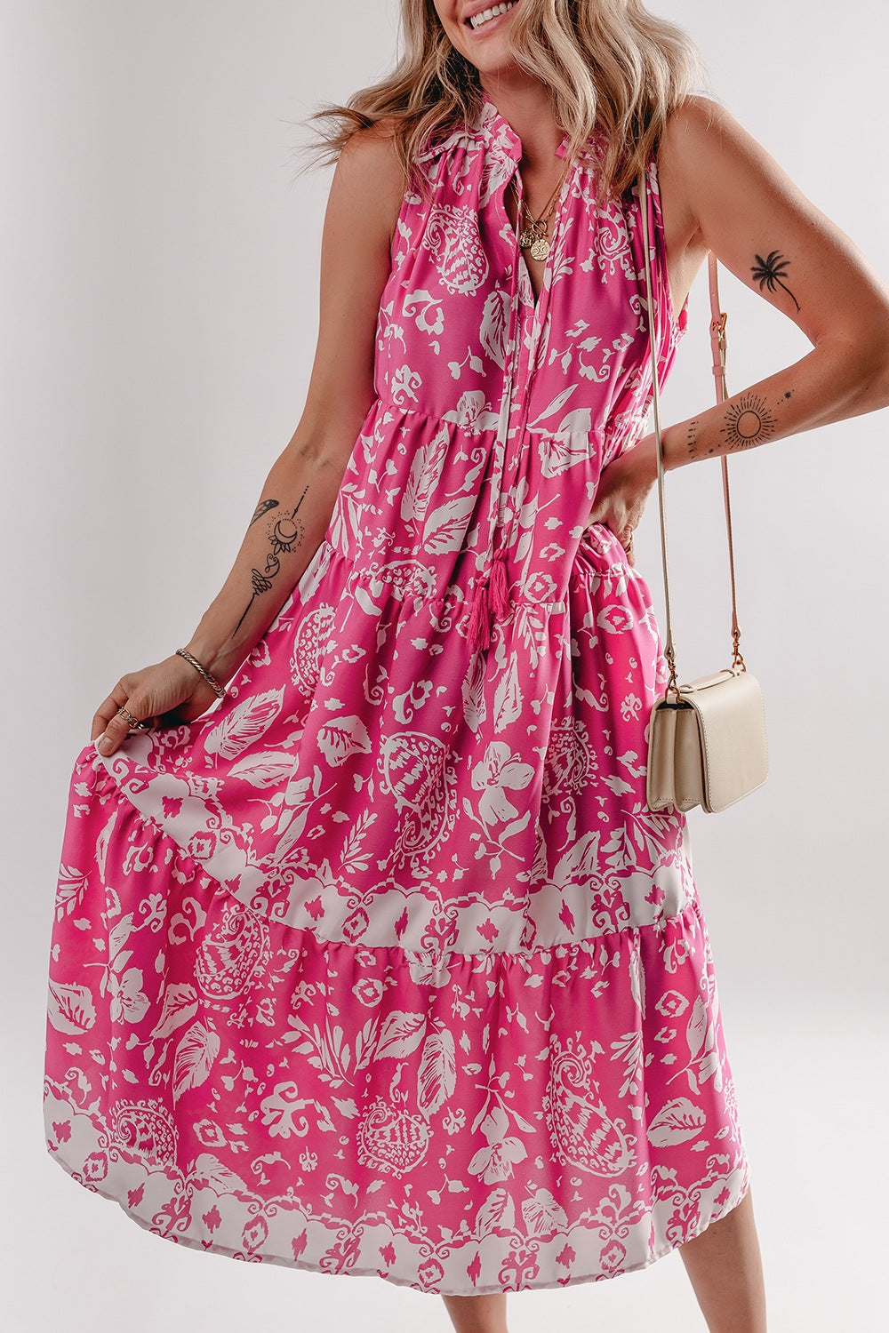 Esme - Robe Midi Sans Manches Rose à Imprimé Organique Tunique Large avec Boutons et Décolleté en V