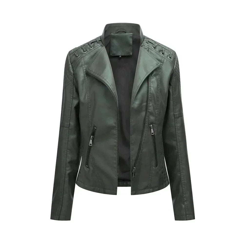 Meena - Veste en cuir biker avec détails en dentelle