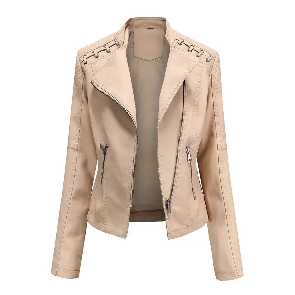 Meena - Veste en cuir biker avec détails en dentelle