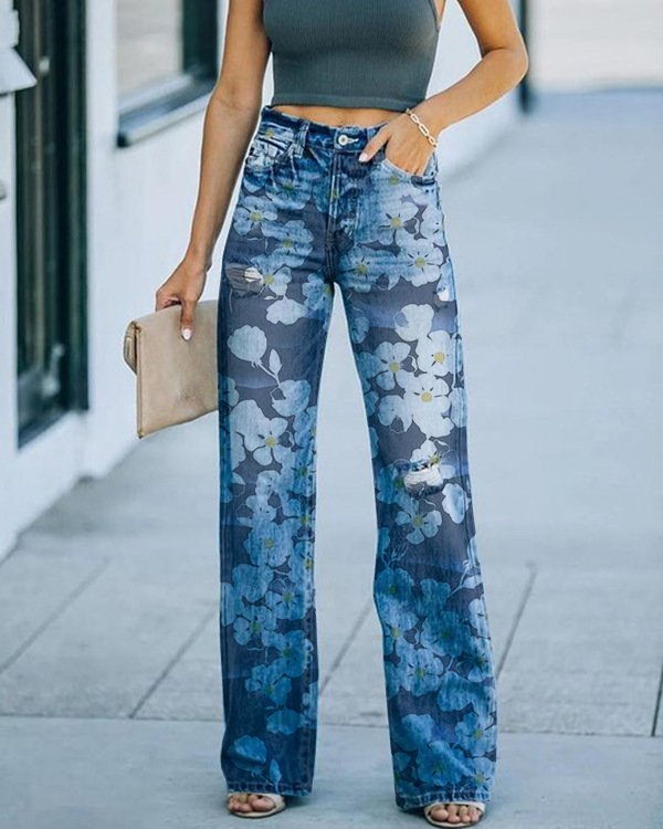 Océane - Jean Large Taille Haute avec Imprimé Fleurs