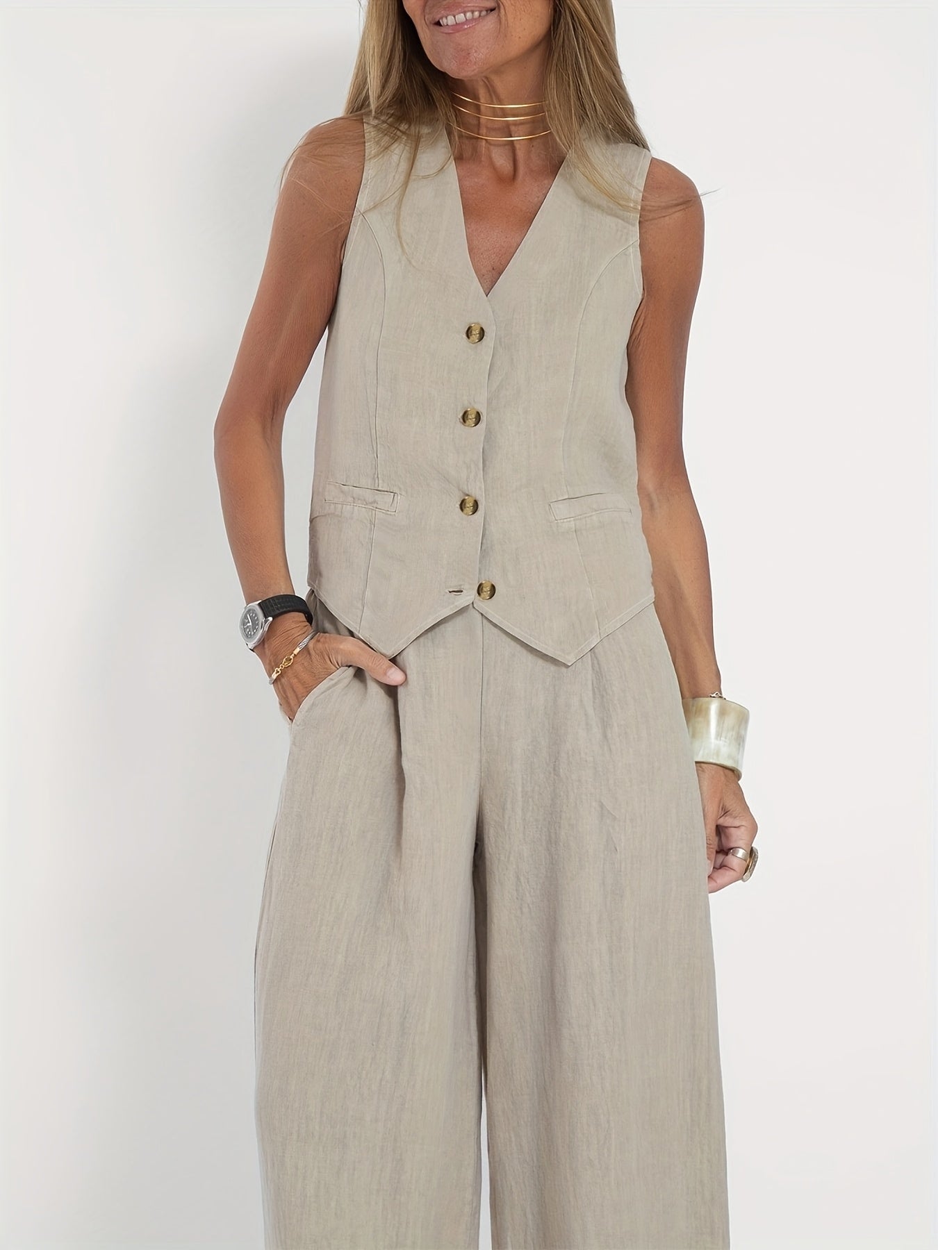 Bérénice - Ensemble deux pièces pour femme composé d'une veste et d'un pantalon large, 100 % lin, beige