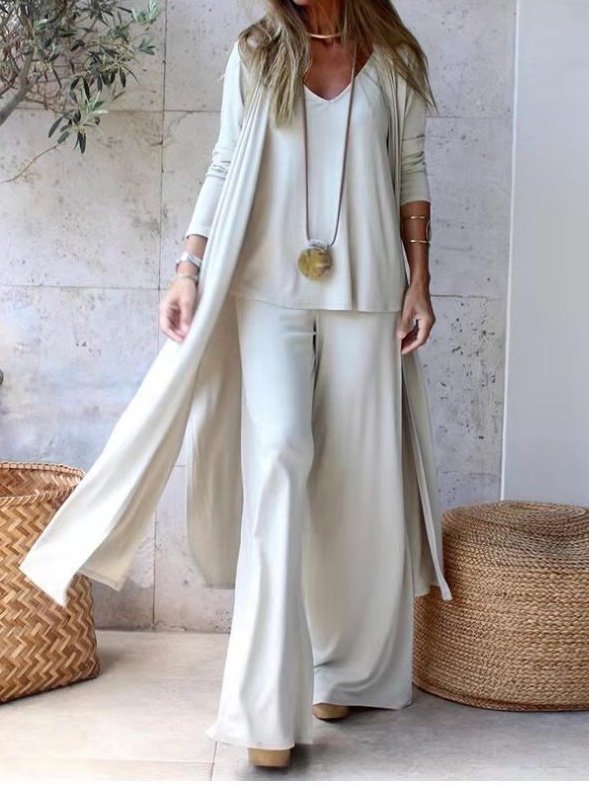 Amelia - Ensemble Estival Trois Pièces en Couleur Unie avec Débardeur à Col en V Long Gilet et Pantalon Large