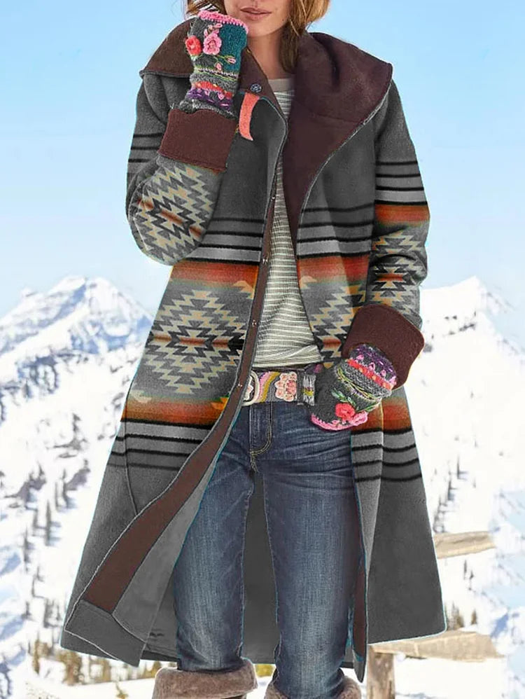 Emily - Manteau en laine imprimé bohémien avec capuche