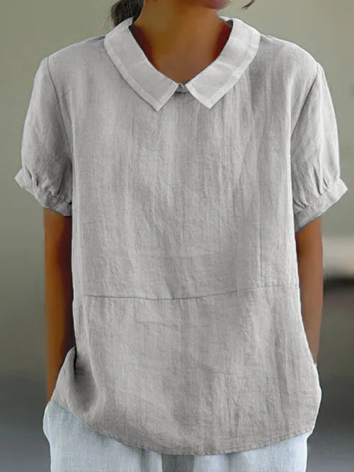 Livia – Haut Classique en Coton et Lin Uni avec Col et Manches Courtes