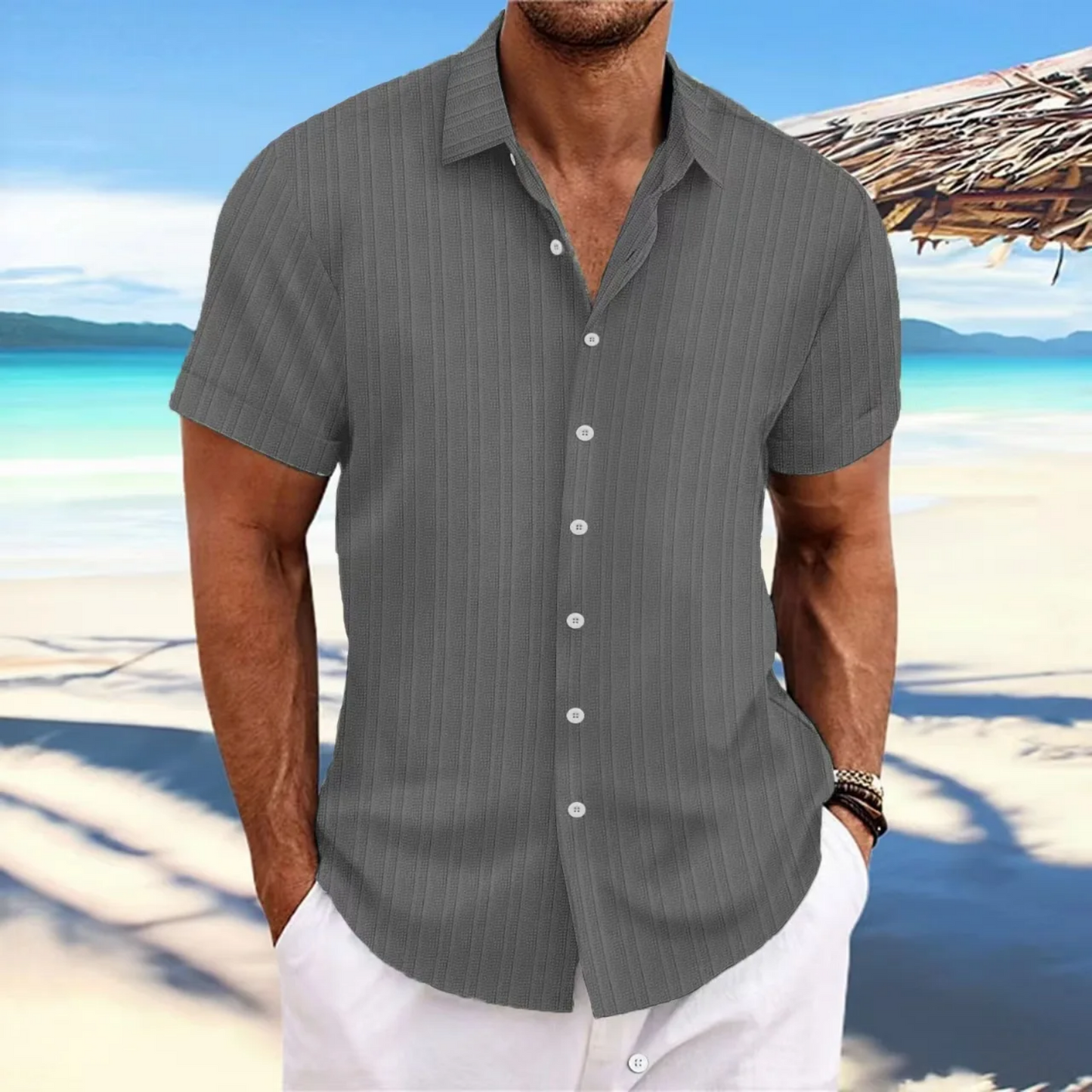 Tao – Chemise d’Été Homme à Manches Courtes Aspect Lin Léger Style Plage Casual en Couleurs Uni