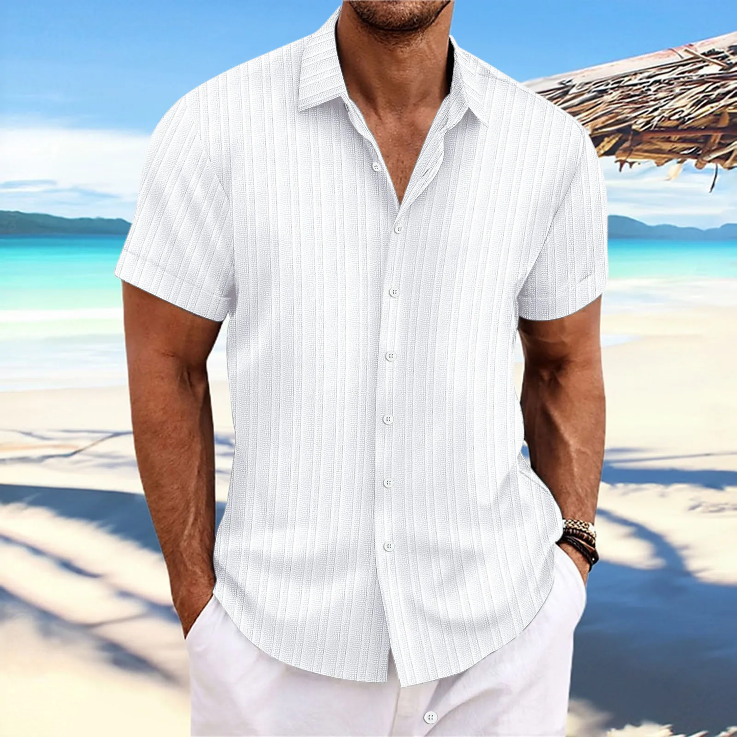 Tao – Chemise d’Été Homme à Manches Courtes Aspect Lin Léger Style Plage Casual en Couleurs Uni