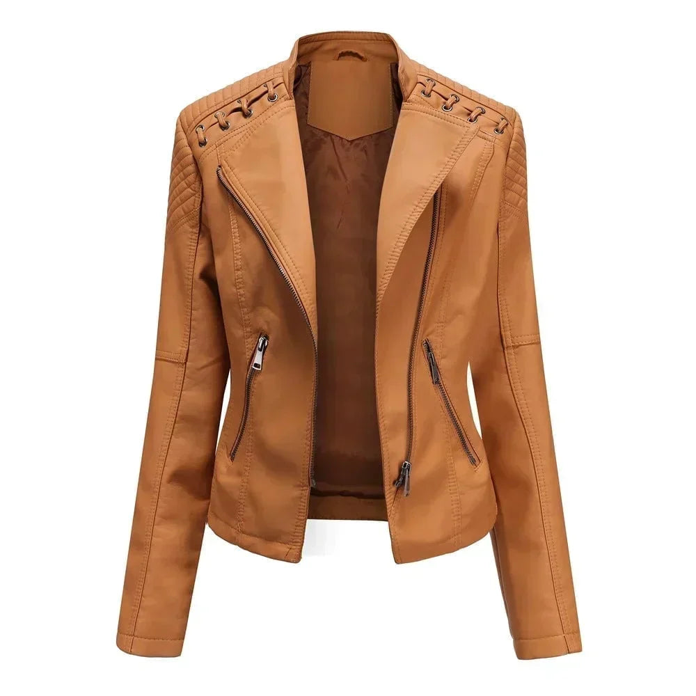 Meena - Veste en cuir biker avec détails en dentelle