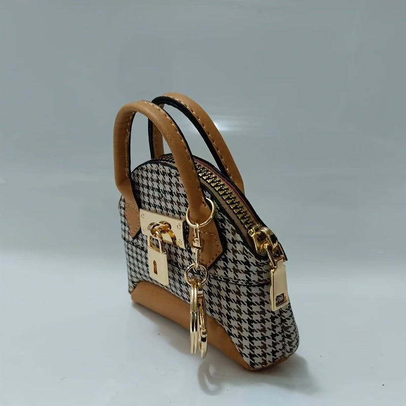 Lyra - Mini sac à main détaillé, porte-monnaie et porte-clés avec fermoir en cuir végétalien et imprimé pied-de-poule