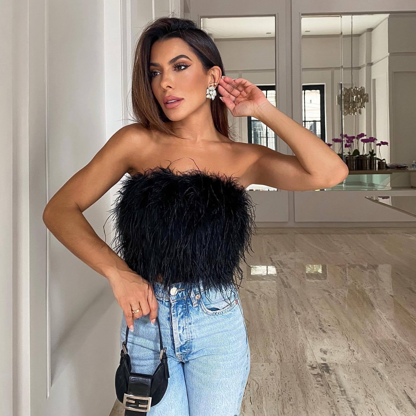 Maya - Top sans bretelles avec plumes imitées