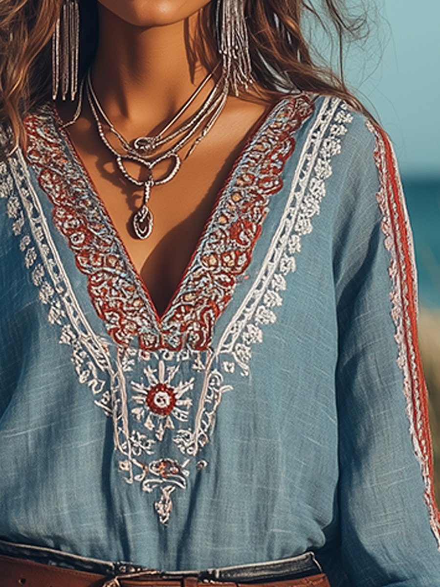 Zoë - Blouse boho brodée à col en V avec délicats détails