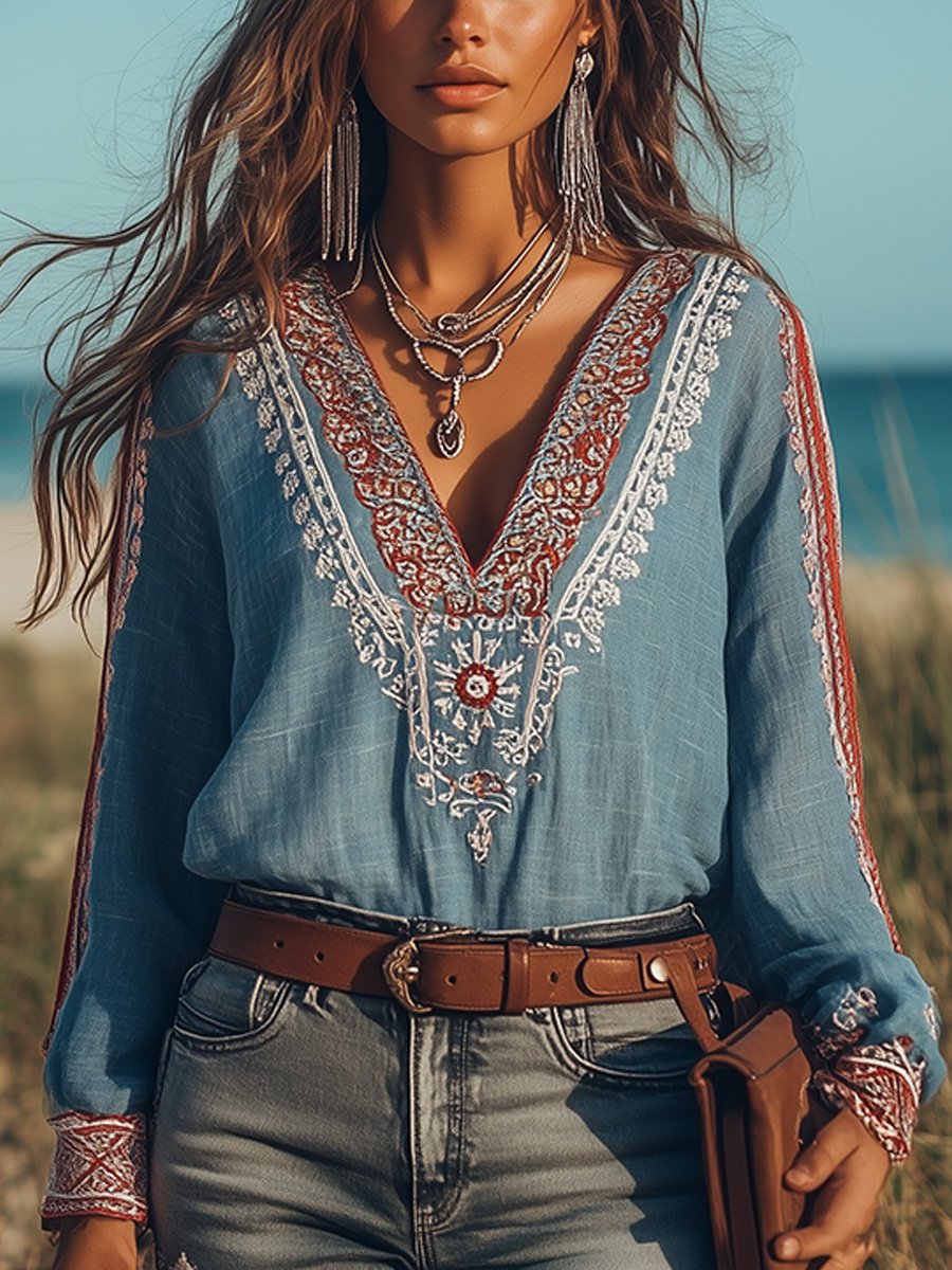 Zoë - Blouse boho brodée à col en V avec délicats détails