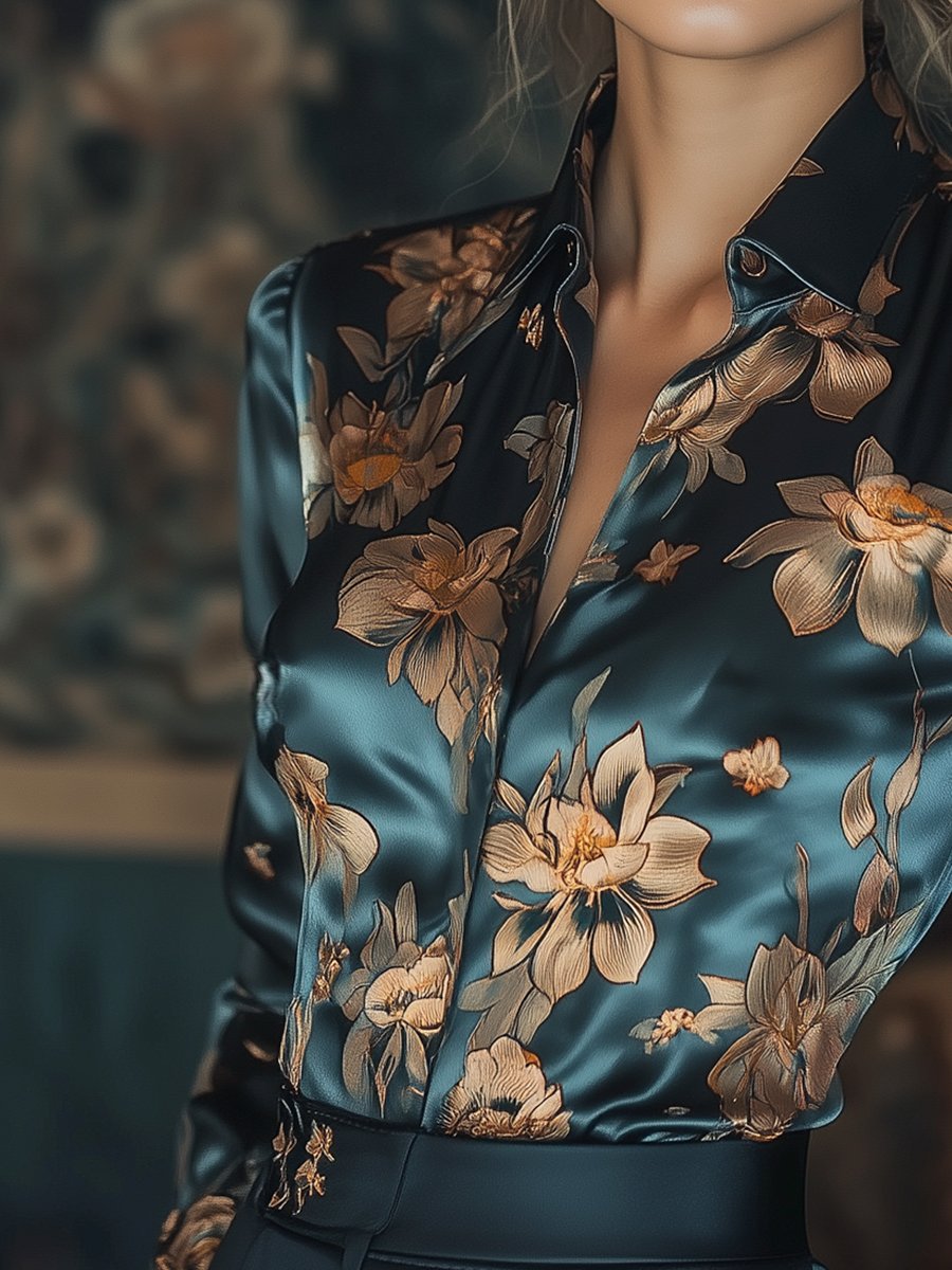 Zoé - Blouse satiné à fleurs avec boutons