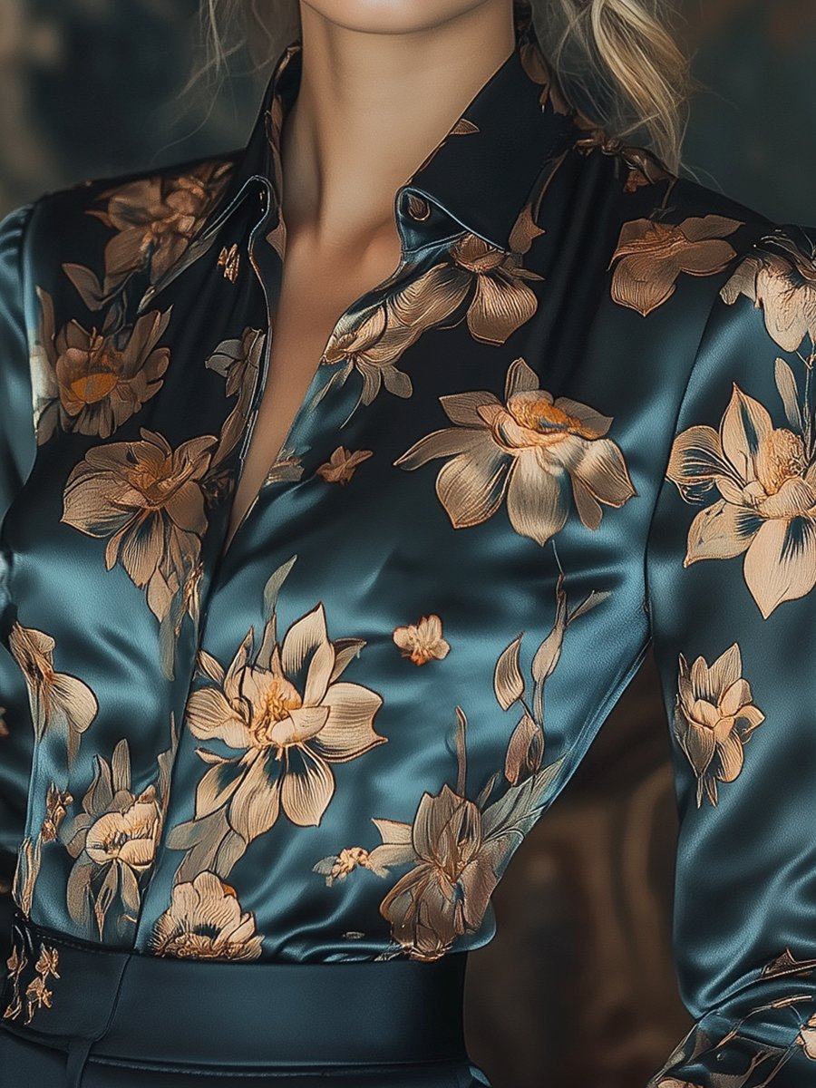 Zoé - Blouse satiné à fleurs avec boutons