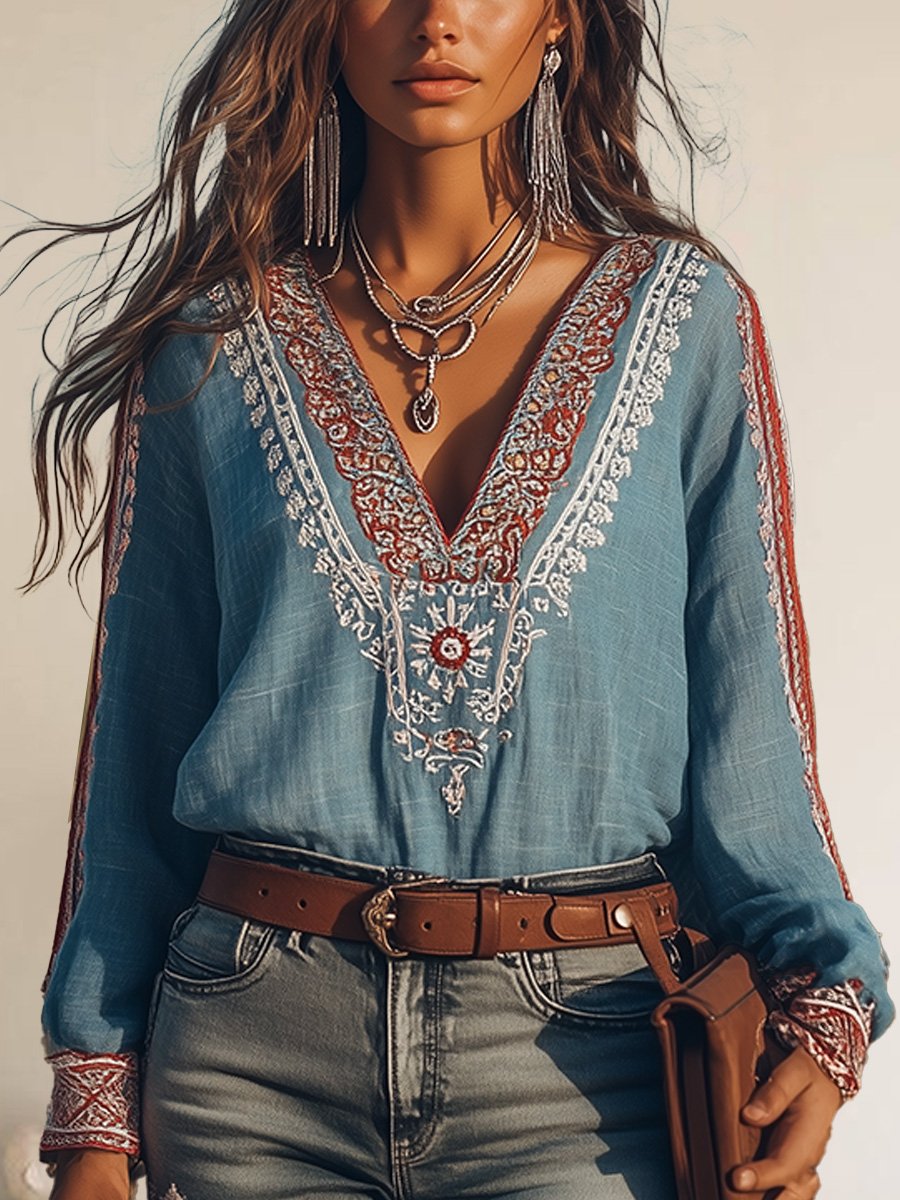 Zoë - Blouse boho brodée à col en V avec délicats détails