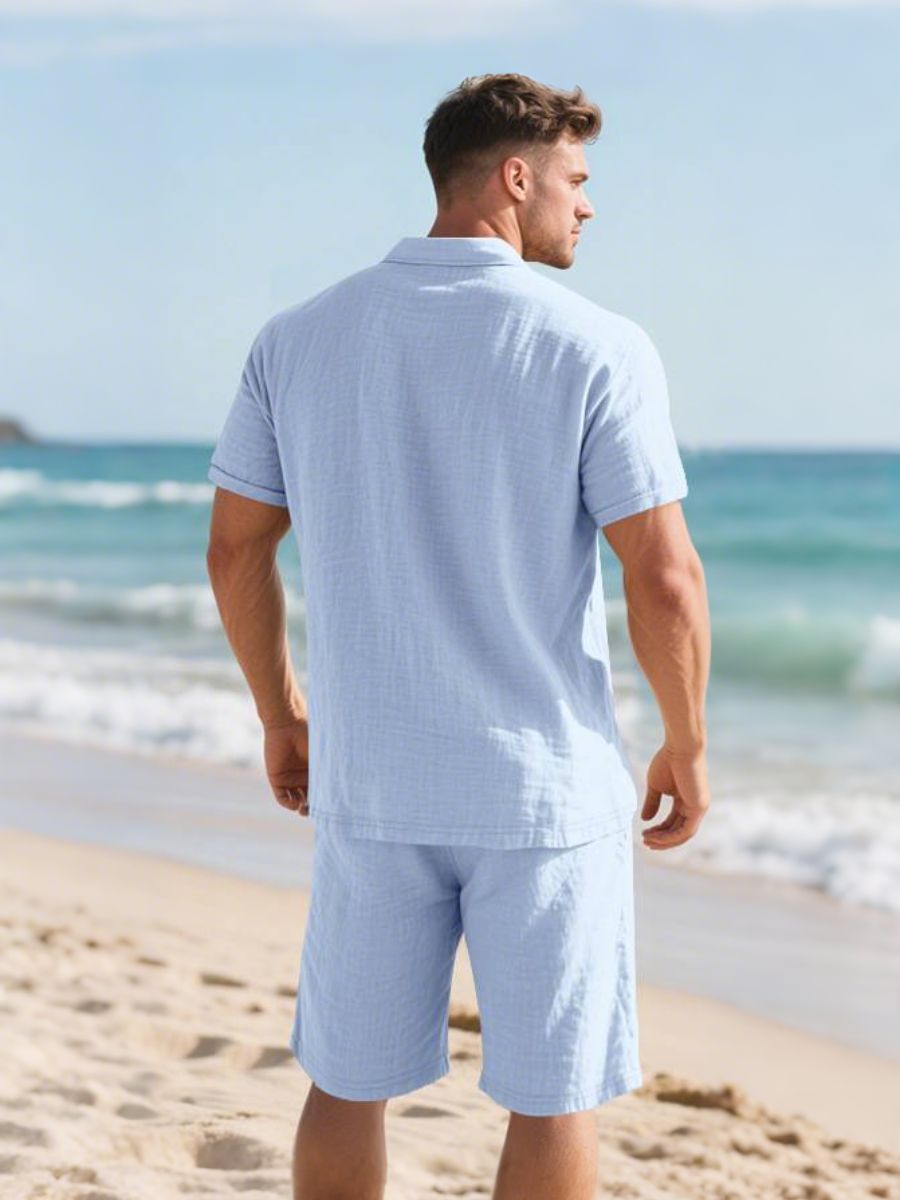 Saint - Ensemble d'Été en Lin Deux Pièces Polo à Manches Courtes avec Boutons et Short à Taille Élastique