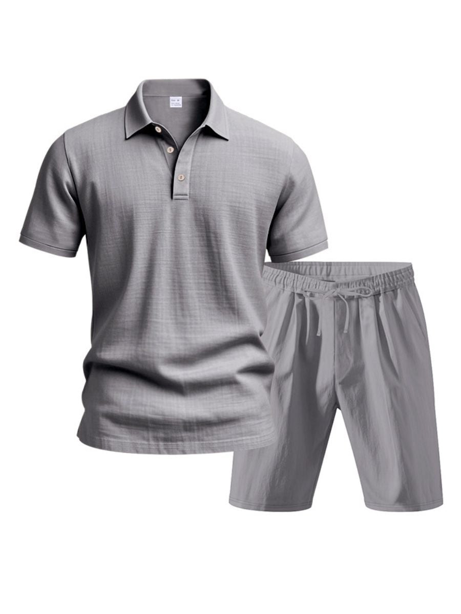 Saint - Ensemble d'Été en Lin Deux Pièces Polo à Manches Courtes avec Boutons et Short à Taille Élastique