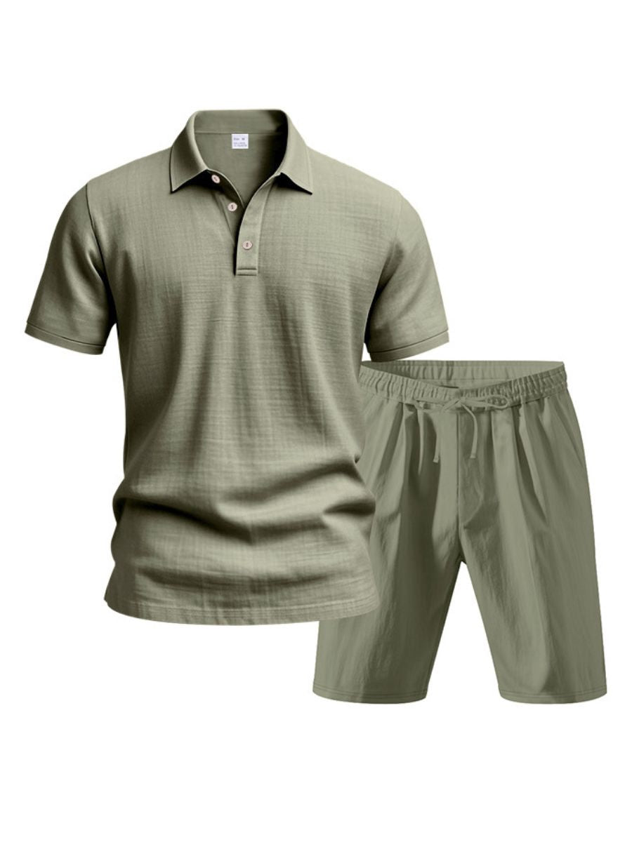 Saint - Ensemble d'Été en Lin Deux Pièces Polo à Manches Courtes avec Boutons et Short à Taille Élastique