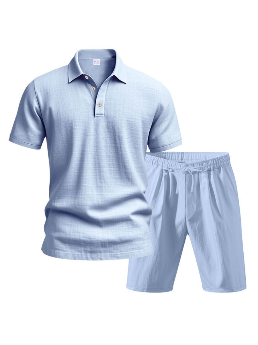 Saint - Ensemble d'Été en Lin Deux Pièces Polo à Manches Courtes avec Boutons et Short à Taille Élastique