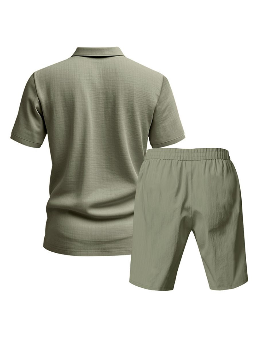 Saint - Ensemble d'Été en Lin Deux Pièces Polo à Manches Courtes avec Boutons et Short à Taille Élastique