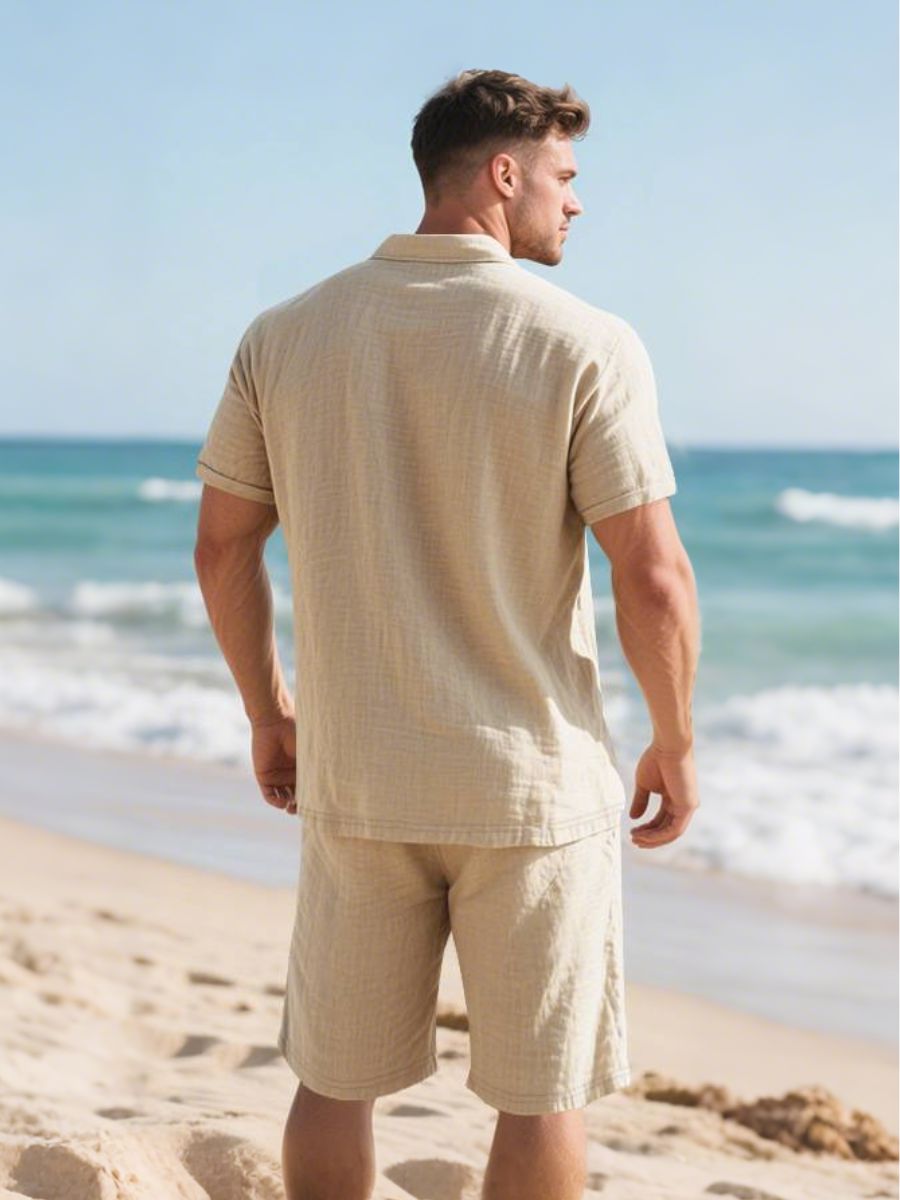 Saint - Ensemble d'Été en Lin Deux Pièces Polo à Manches Courtes avec Boutons et Short à Taille Élastique