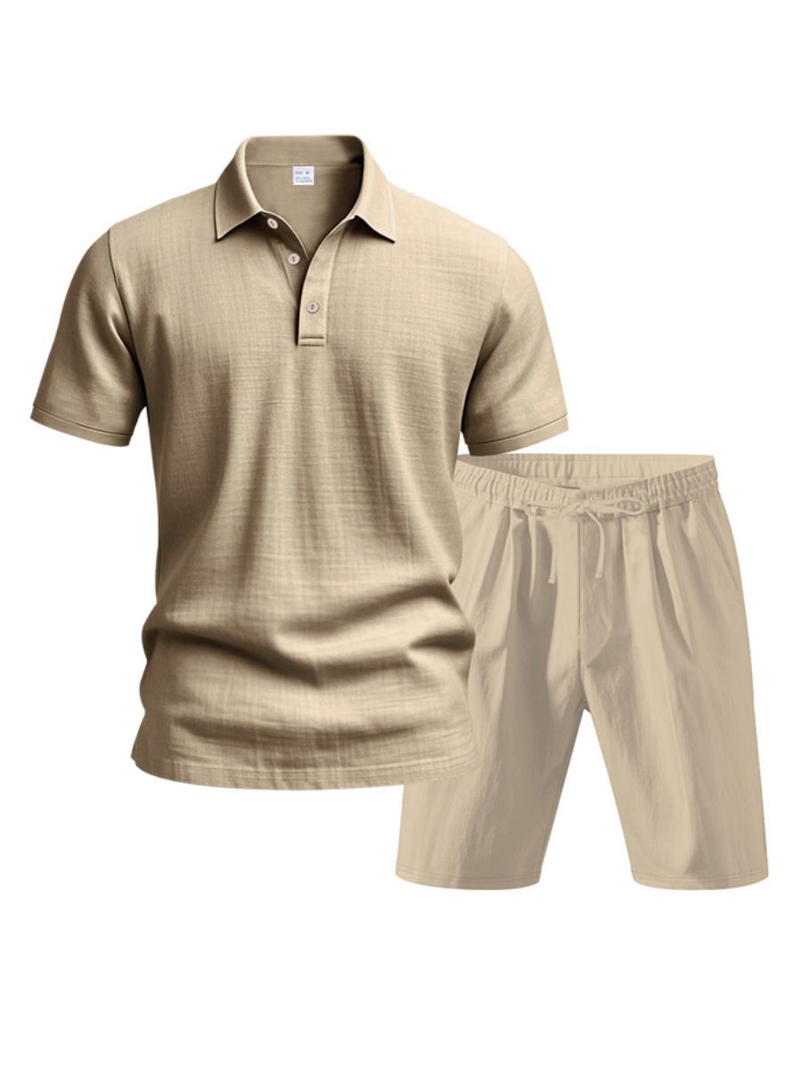 Saint - Ensemble d'Été en Lin Deux Pièces Polo à Manches Courtes avec Boutons et Short à Taille Élastique