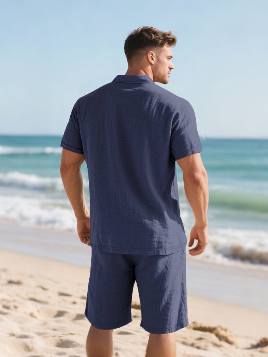 Saint - Ensemble d'Été en Lin Deux Pièces Polo à Manches Courtes avec Boutons et Short à Taille Élastique