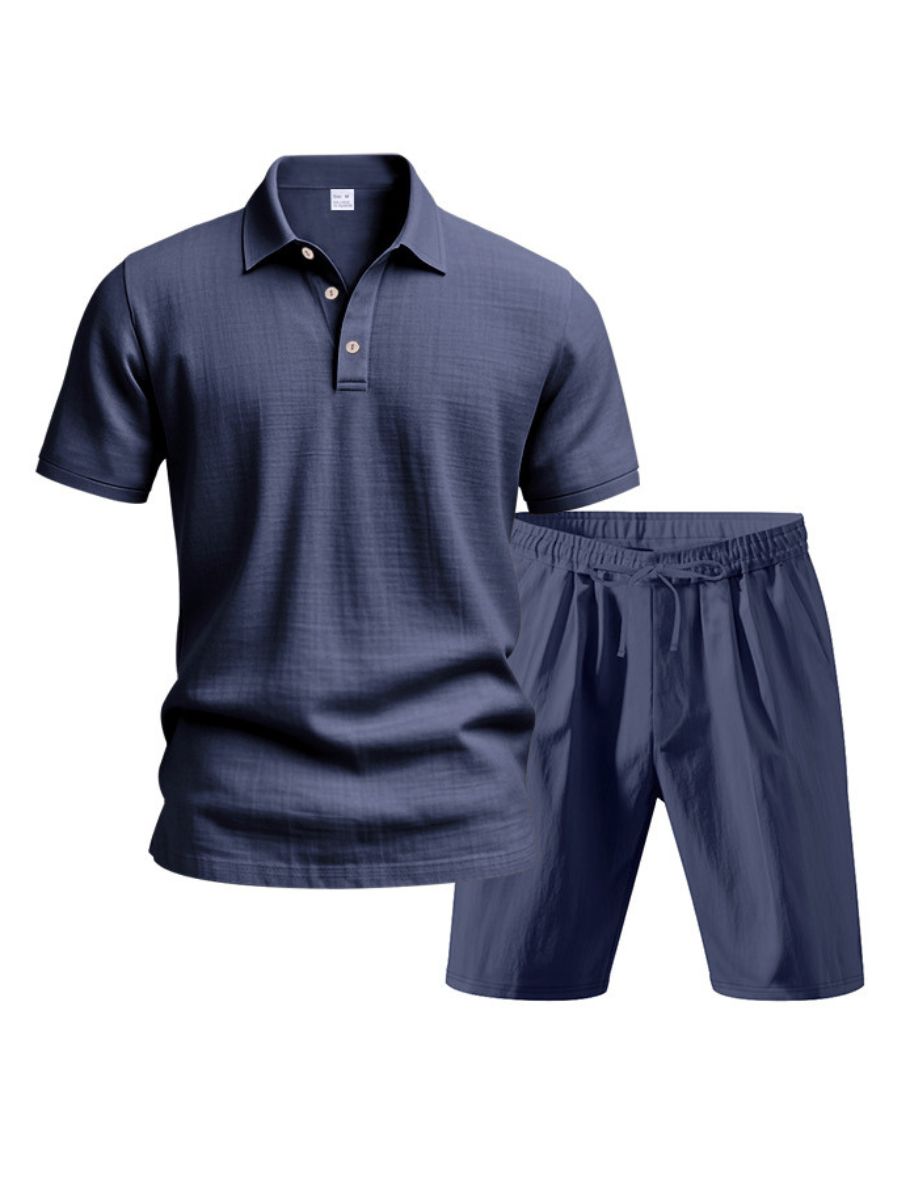 Saint - Ensemble d'Été en Lin Deux Pièces Polo à Manches Courtes avec Boutons et Short à Taille Élastique