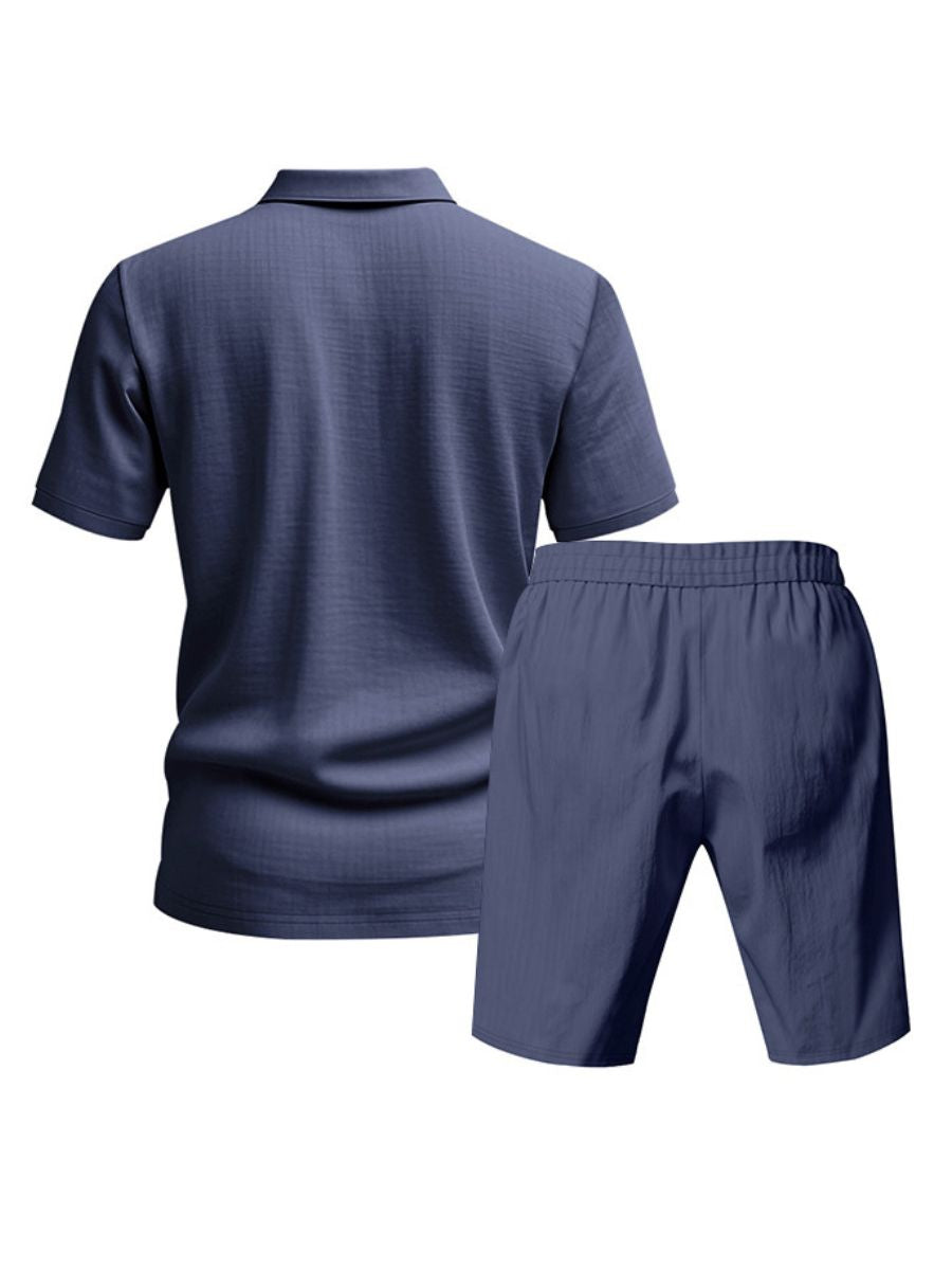 Saint - Ensemble d'Été en Lin Deux Pièces Polo à Manches Courtes avec Boutons et Short à Taille Élastique