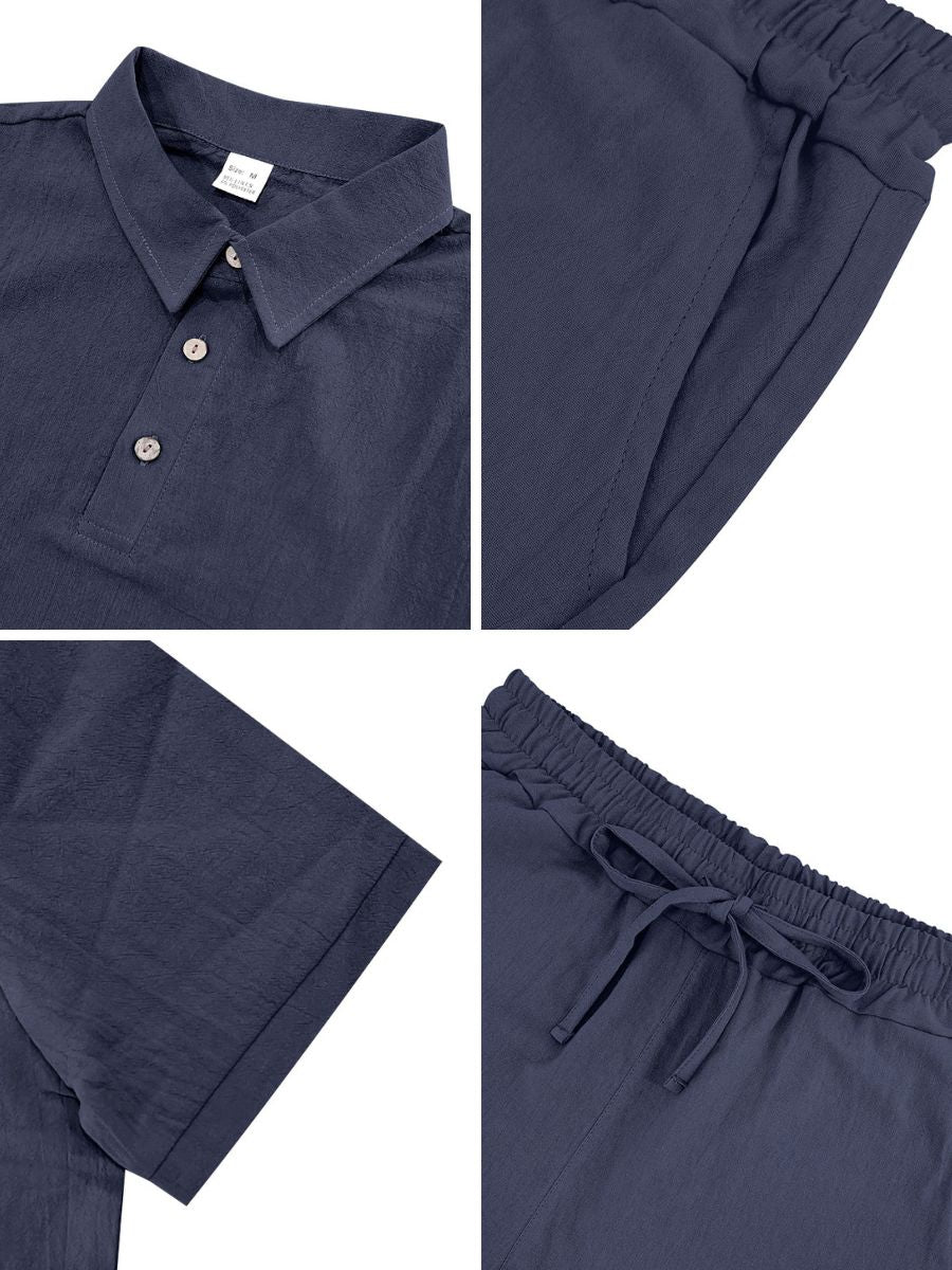 Saint - Ensemble d'Été en Lin Deux Pièces Polo à Manches Courtes avec Boutons et Short à Taille Élastique