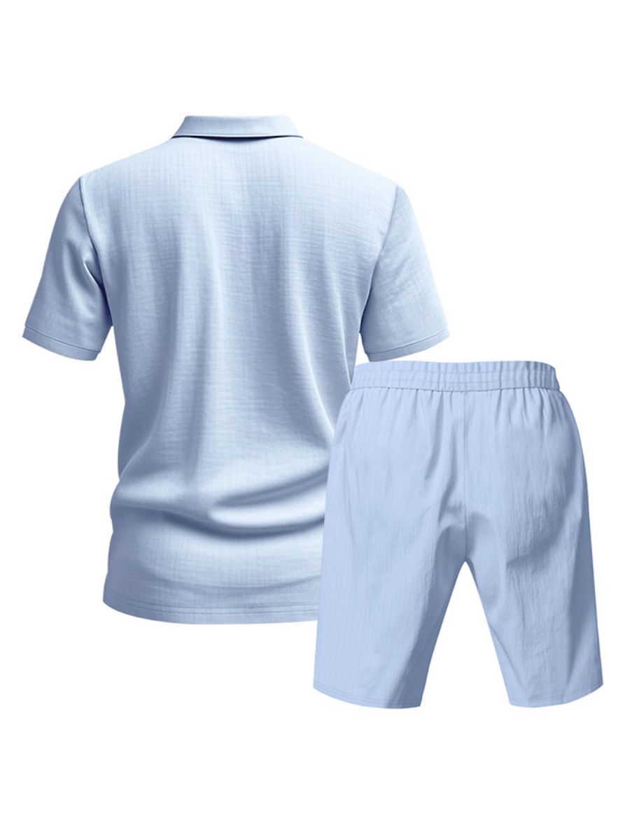 Saint - Ensemble d'Été en Lin Deux Pièces Polo à Manches Courtes avec Boutons et Short à Taille Élastique