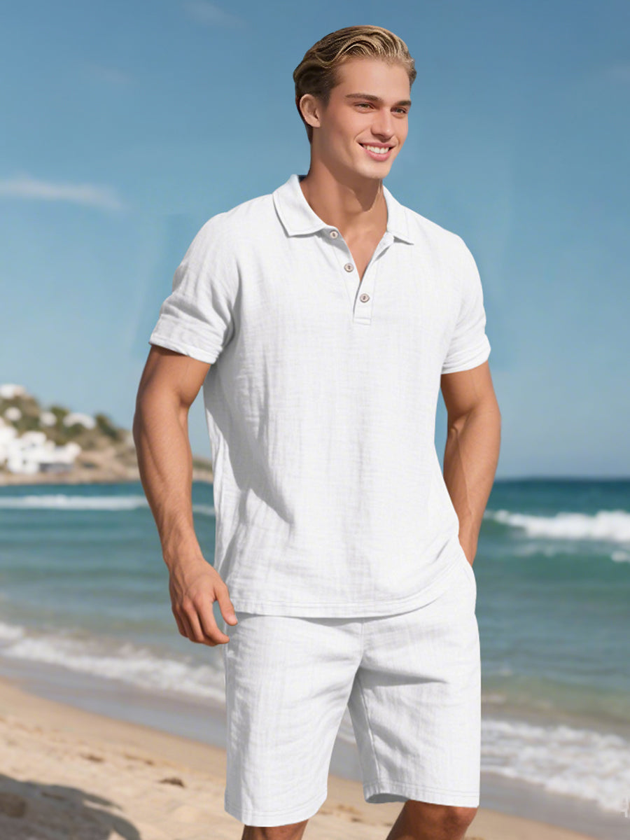 Saint - Ensemble d'Été en Lin Deux Pièces Polo à Manches Courtes avec Boutons et Short à Taille Élastique