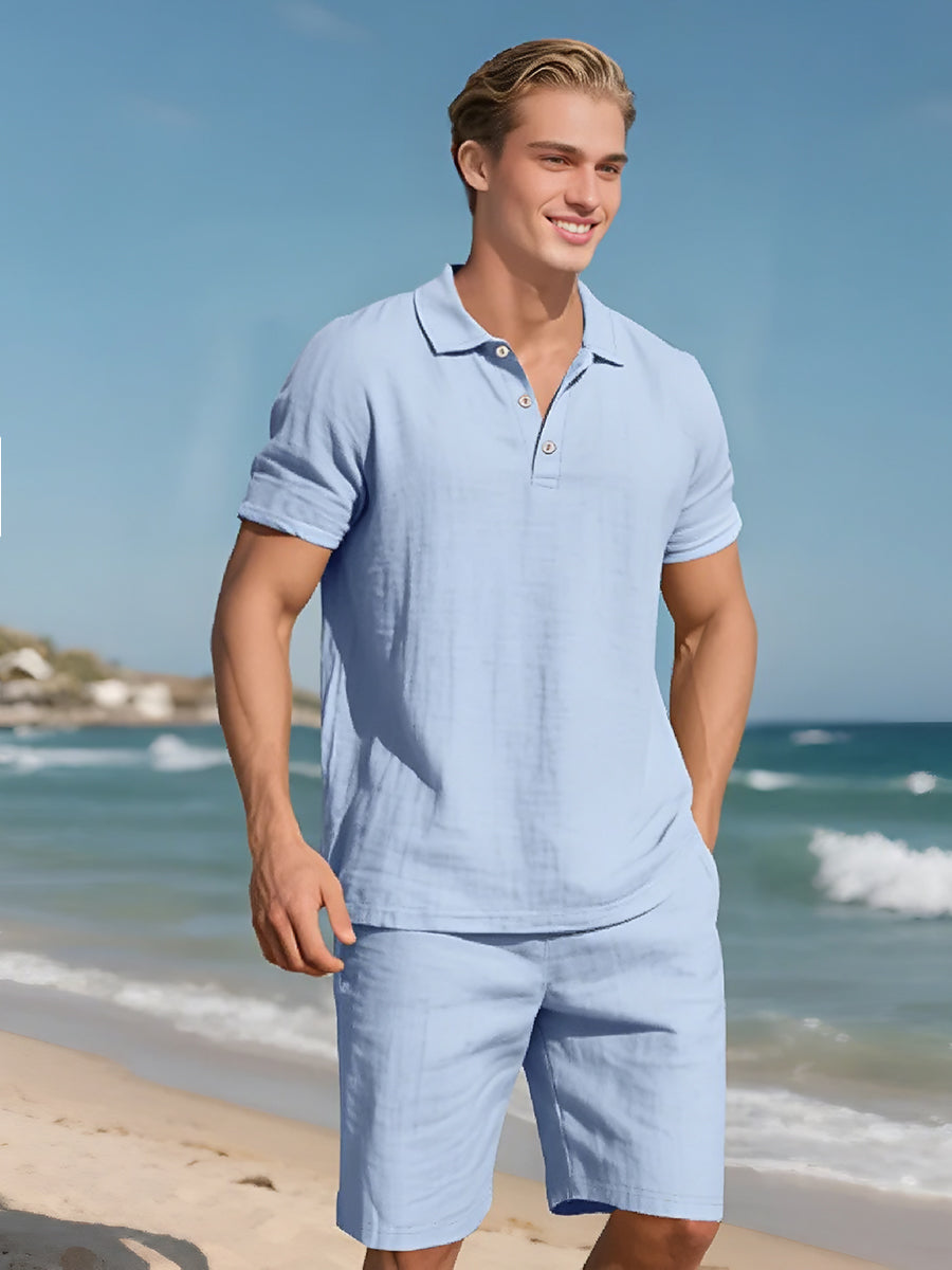 Saint - Ensemble d'Été en Lin Deux Pièces Polo à Manches Courtes avec Boutons et Short à Taille Élastique