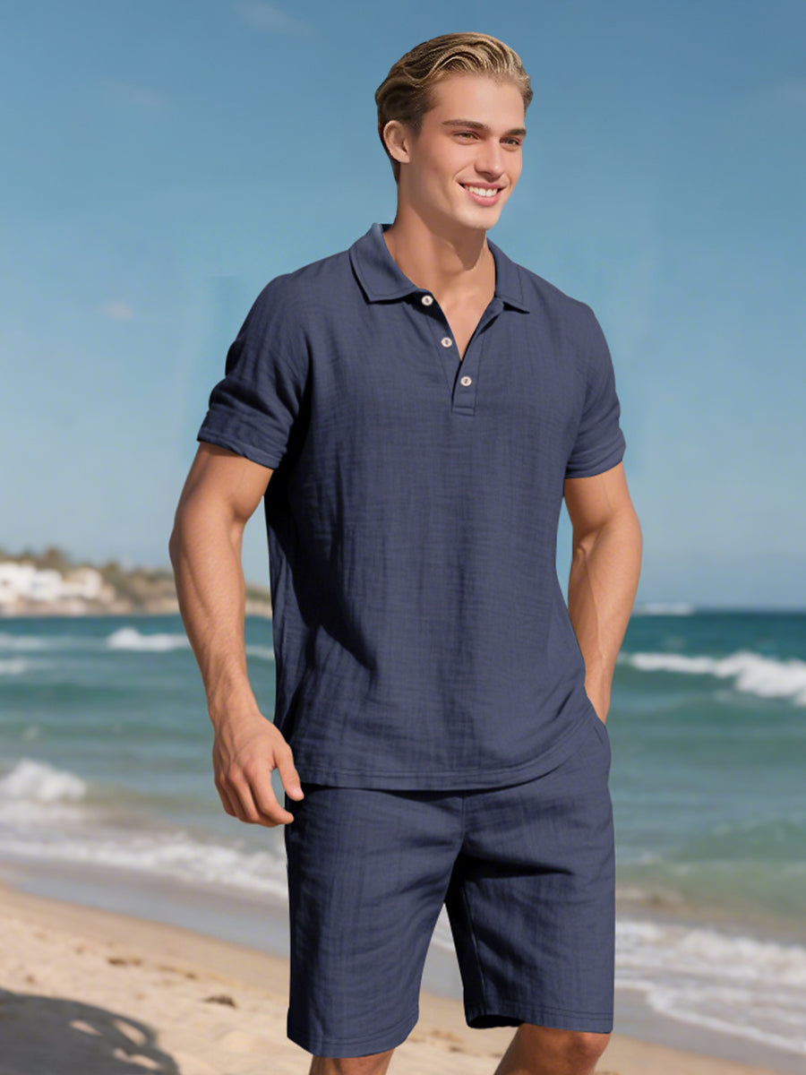 Saint - Ensemble d'Été en Lin Deux Pièces Polo à Manches Courtes avec Boutons et Short à Taille Élastique